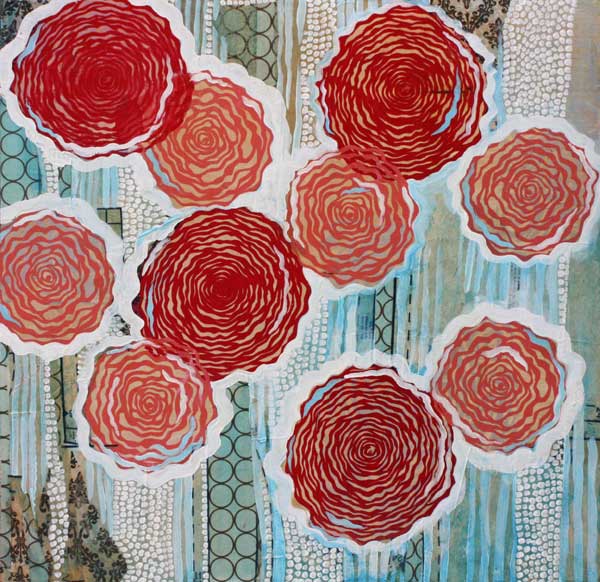 "Pink and Red Roses," 24" x 24", mixed media on wood, private collection