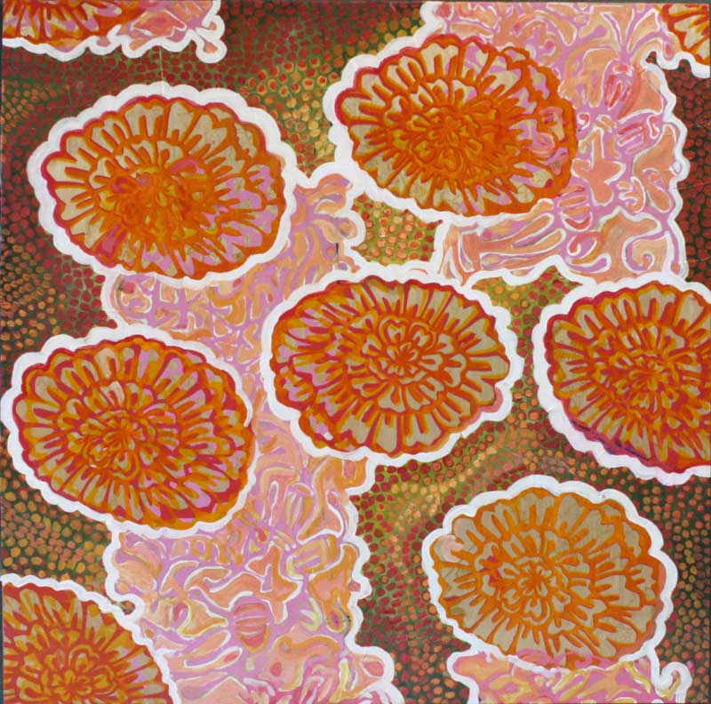 "Marigolds on Green," 24" x 24", mixed media on wood, private collection