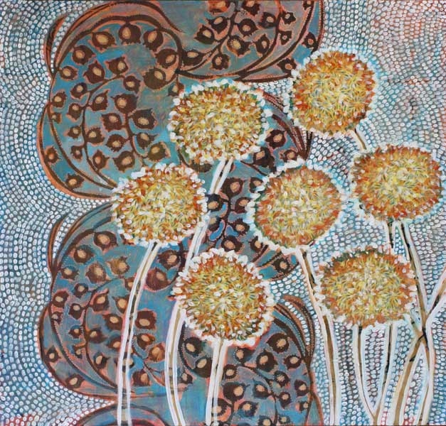 "Alliums on Blue," 24" x 24", mixed media on wood, private collection