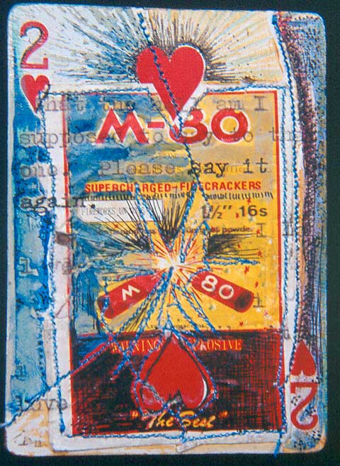 "M-80," mixed media on playing card, private collection