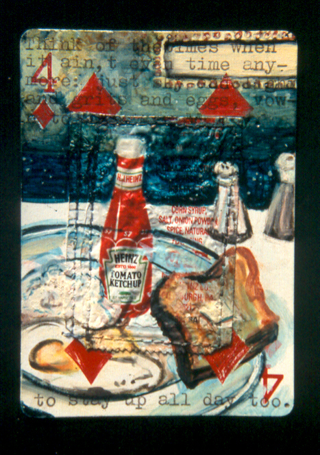 "Saturday Night Breakfast," mixed media on playing card, private collection