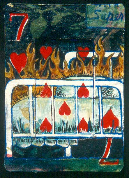 "Rocks in my Bed," mixed media on playing card, private collection
