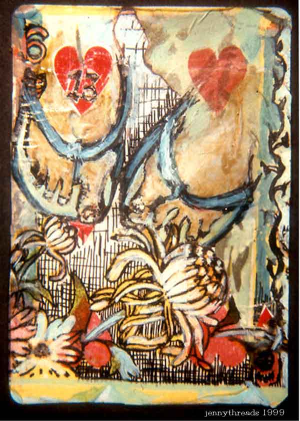 "Happy Lamp Dog Walking," mixed media on playing card, private collection
