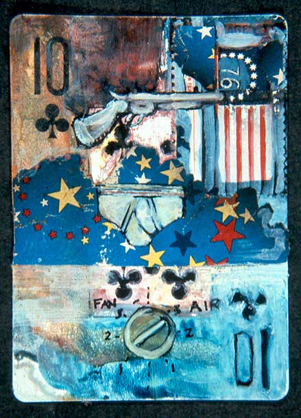 "Housesitting," mixed media on playing card, private collection