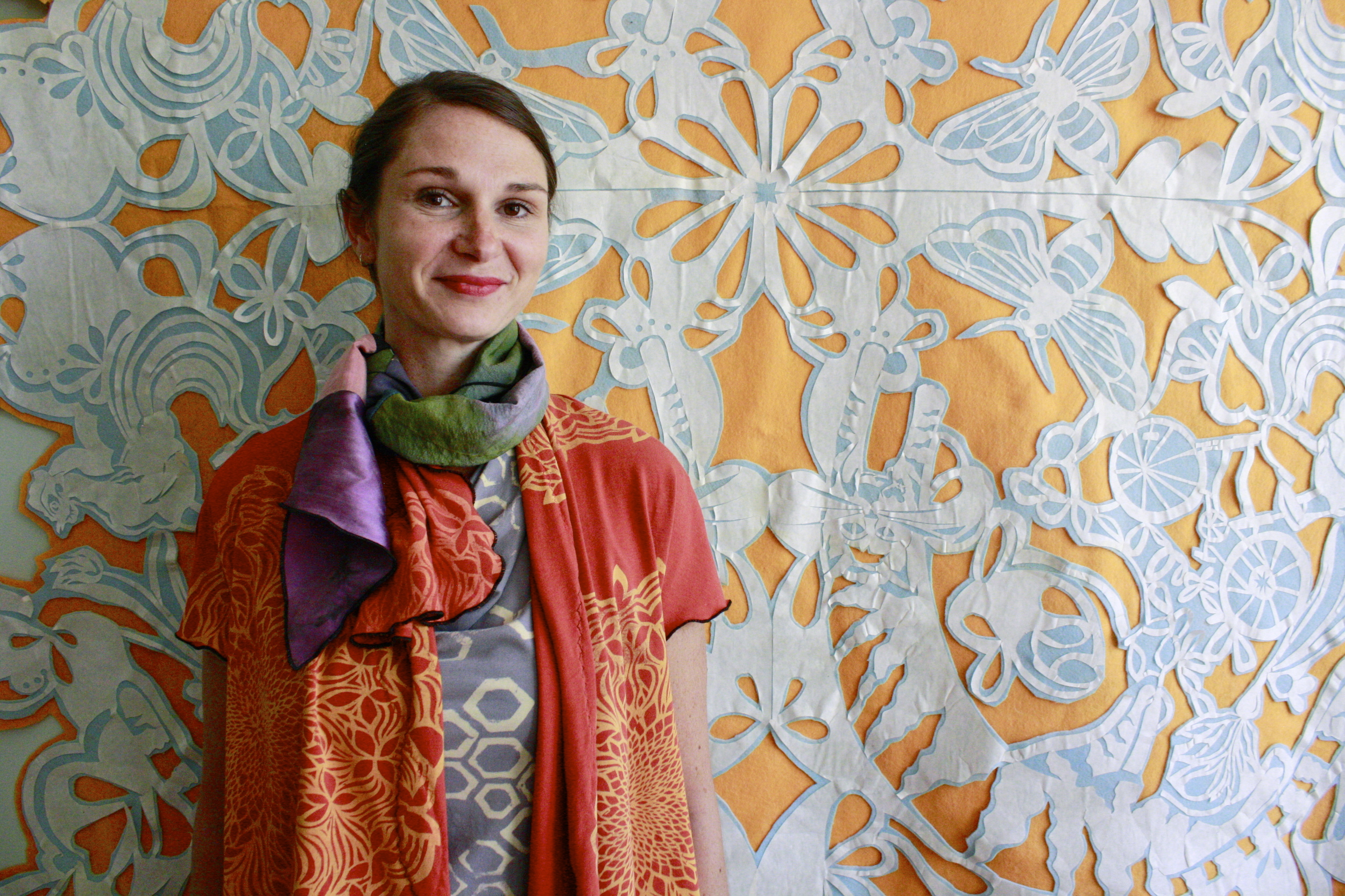 Collage Mini Scarf &amp; Starling Cardigan, the artist's home, North Carolina