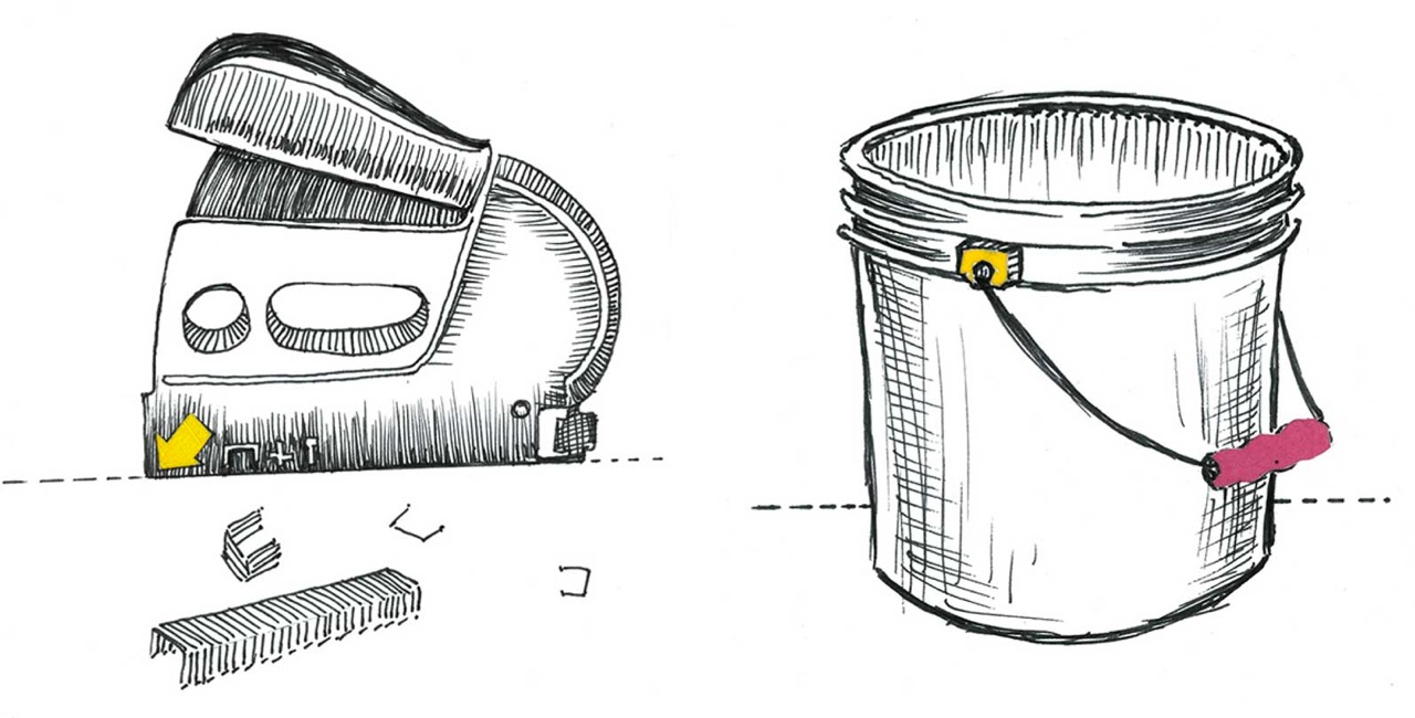 "Stapler" and "Bucket" book illustrations