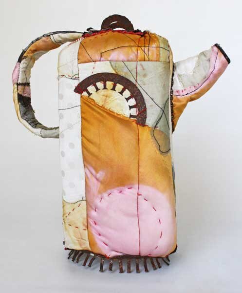 "Stitched Teapot," reconstructed silk quilt with metal objects, 2011