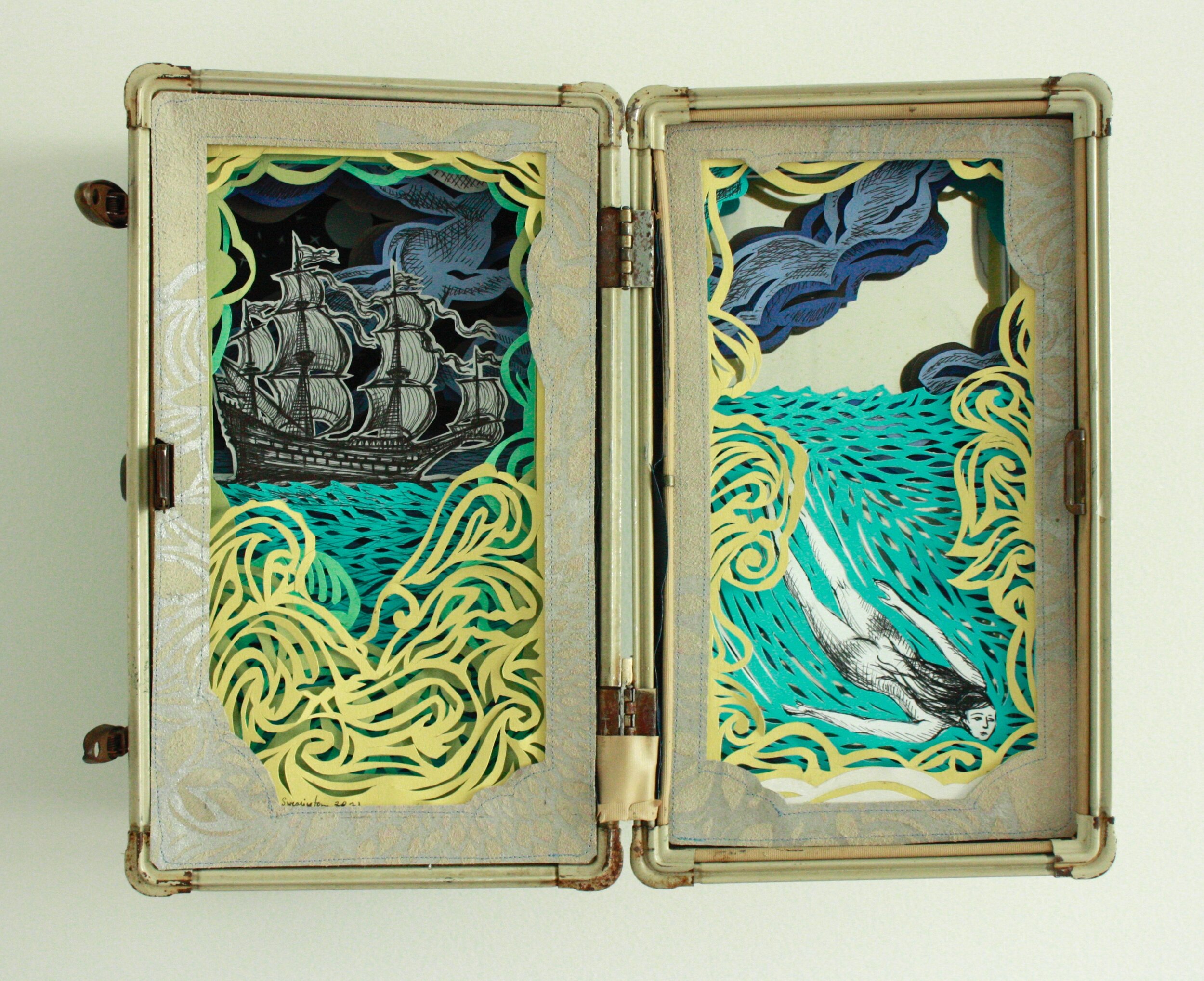  "Overboard," tunnel book in vintage suitcase, 14"h x 16"w x 6"d, 2021