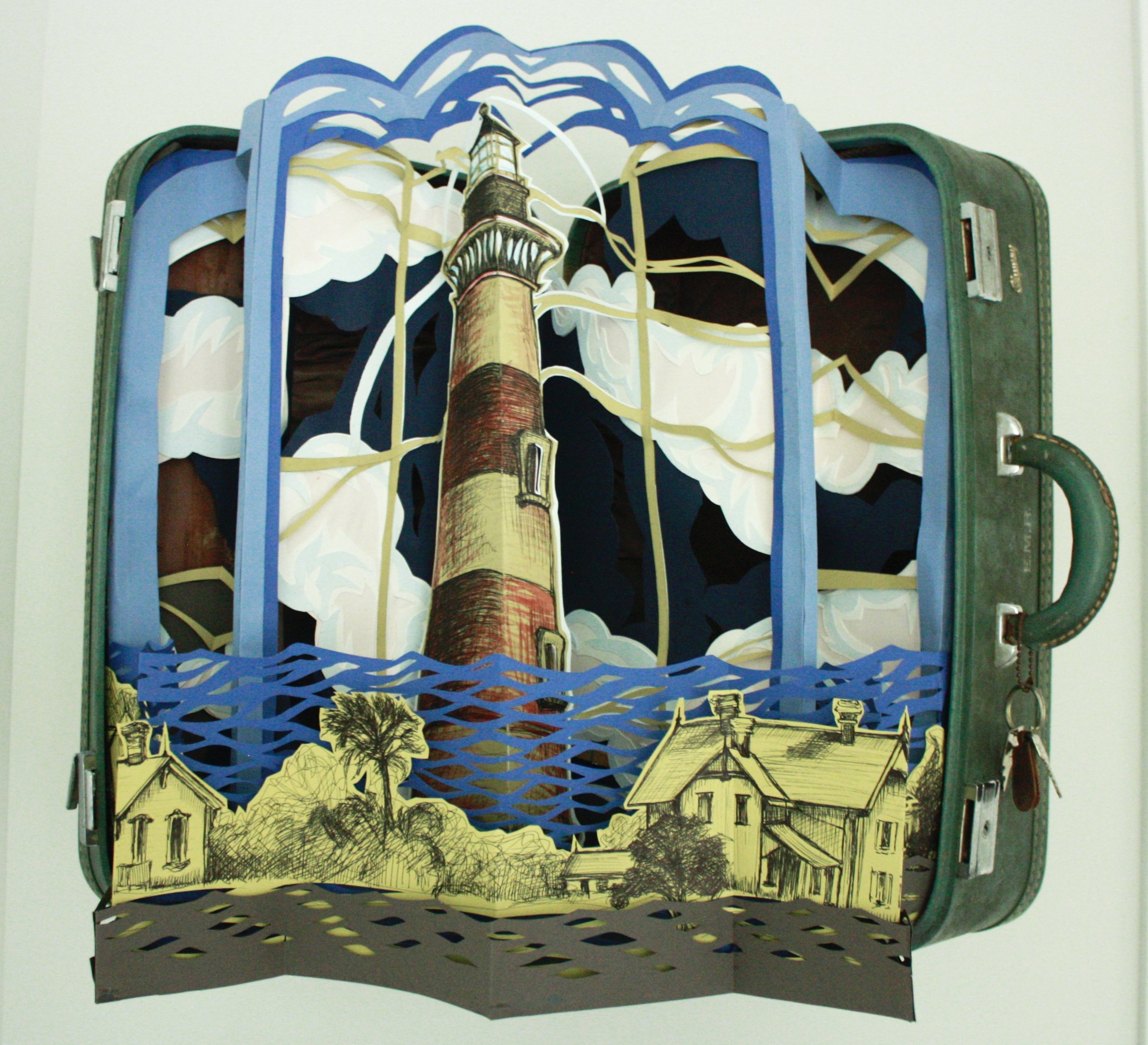 "Out to Sea" papercut & ink in vintage suitcase, 25"h x 26"w x 16"d, 2021