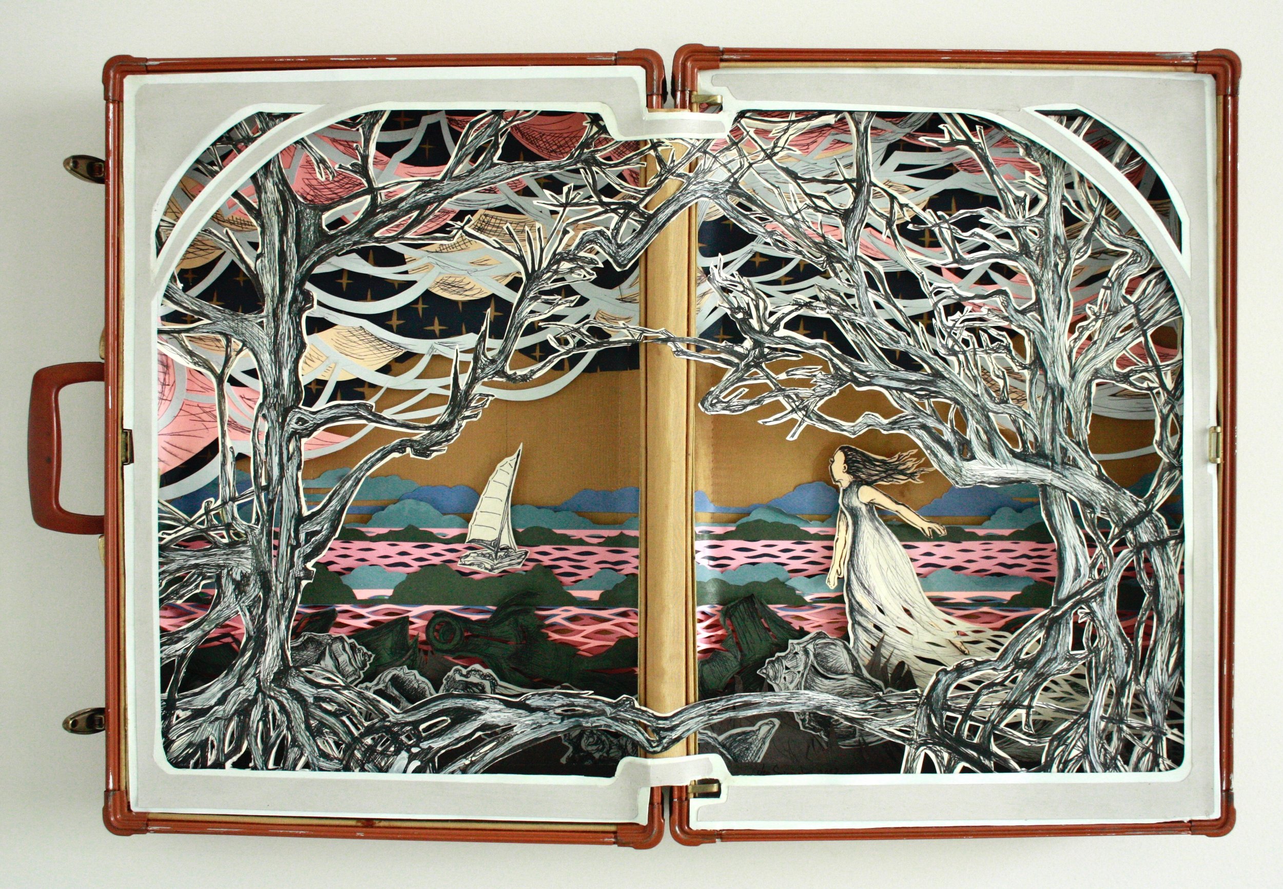 "Broken Spiral," papercut & ink illustration in vintage suitcase, 23" x 30" x 3", 2022