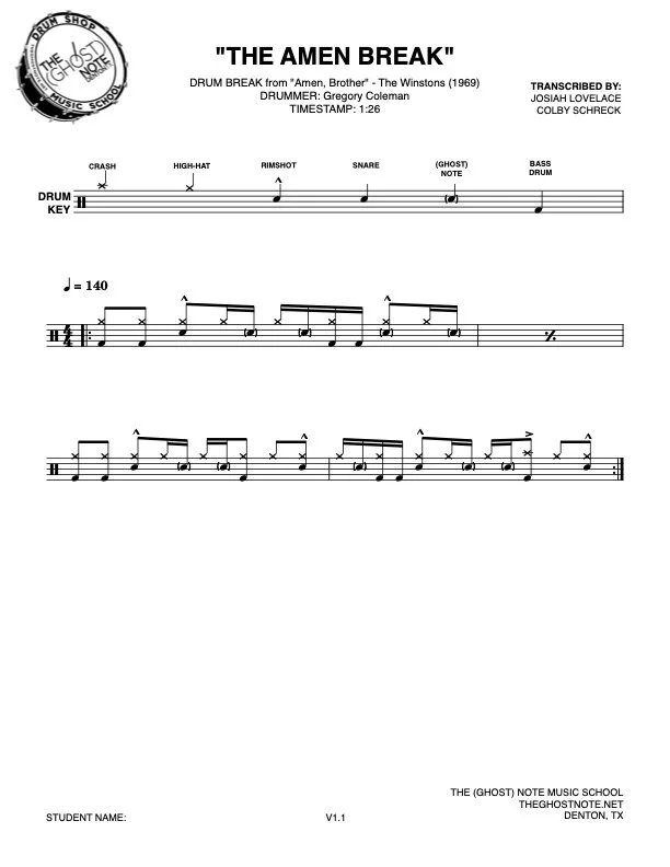 Sheet music titled 'The Amen Break' with drum notation from 'Amen, Brother' by The Winstons, 1969, includes drum set parts for crash, hi-hat, rimshot, snare, ghost note, and bass drum, with performance tempo marked at 140 BPM. Free drum lesson Denton