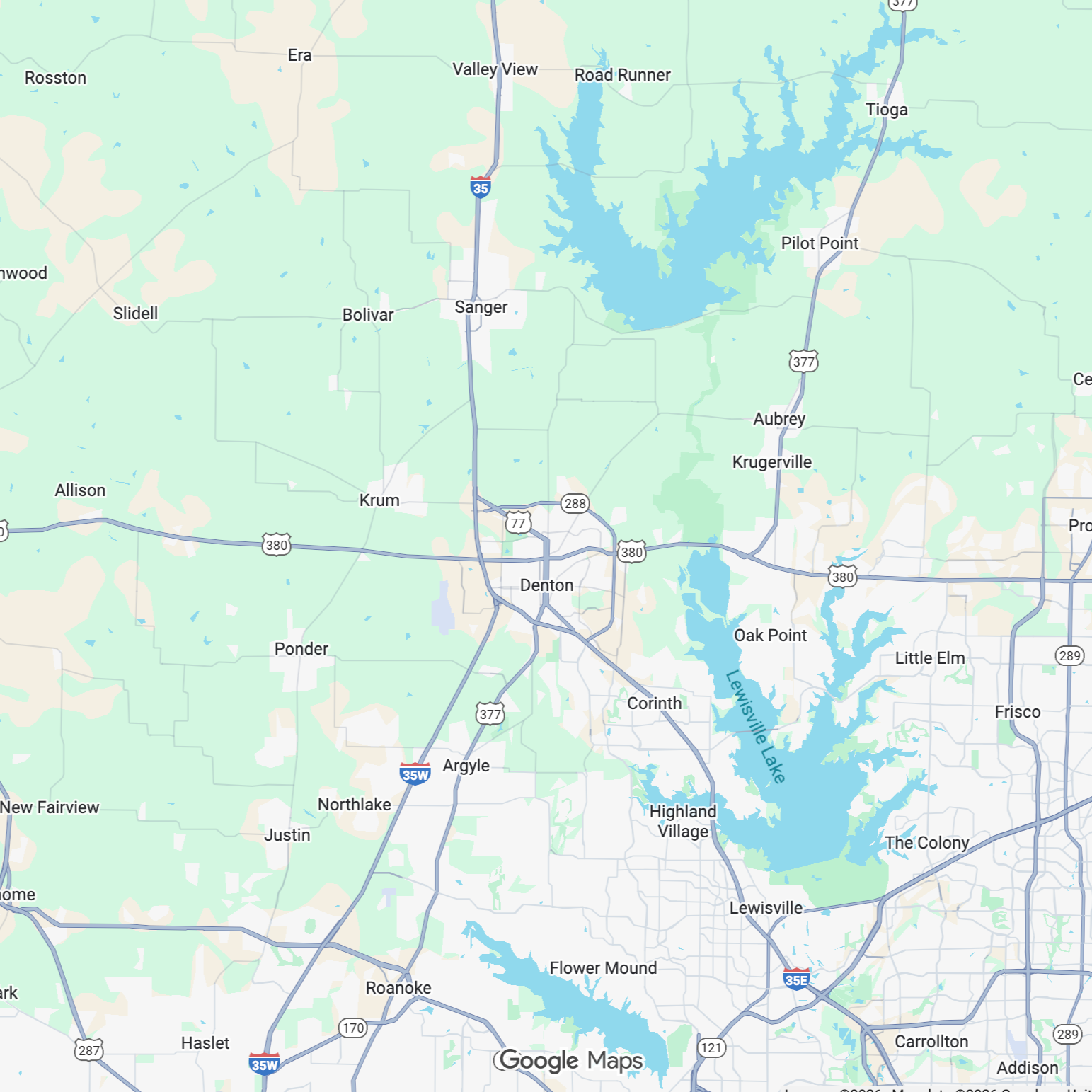 Map showing Denton, Texas area with roads, lakes, and surrounding cities. In home music lessons.