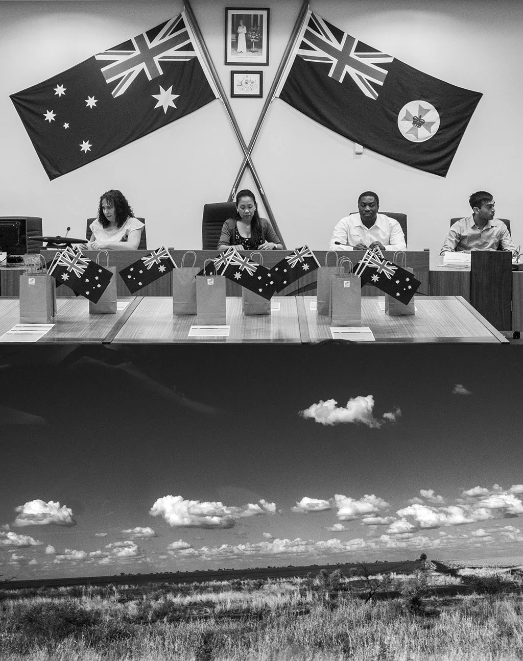 'Change is in the air' (New Australian citizens at a citizenship ceremony in Emerald and the landscape between Springsure and Emerald, Qld). 8 September 2015.