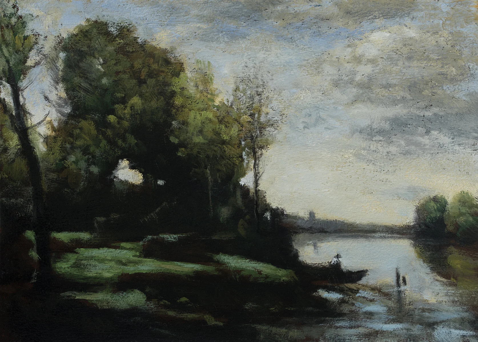 Study after: Camille Corot River with a Distant Tower - 5x7 Oil on Wood Panel