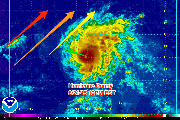 Danny is headed towards a zone of increased SW wind shear which will weaken the storm gradually as it approaches the islands.
