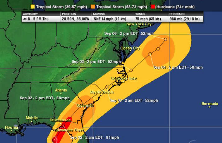 Forecasted wind swath by the NHC