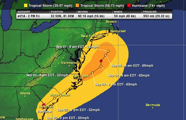 Latest wind swath projection based on the latest NHC forecast.