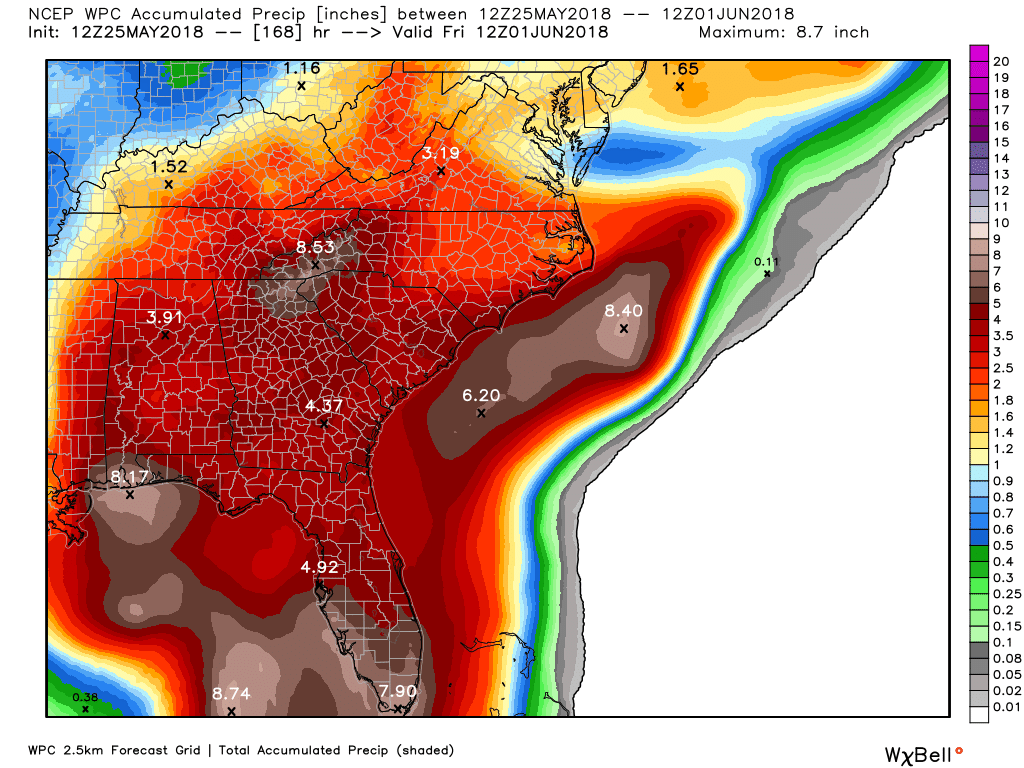 Forecasted rainfall over the next 7 days.