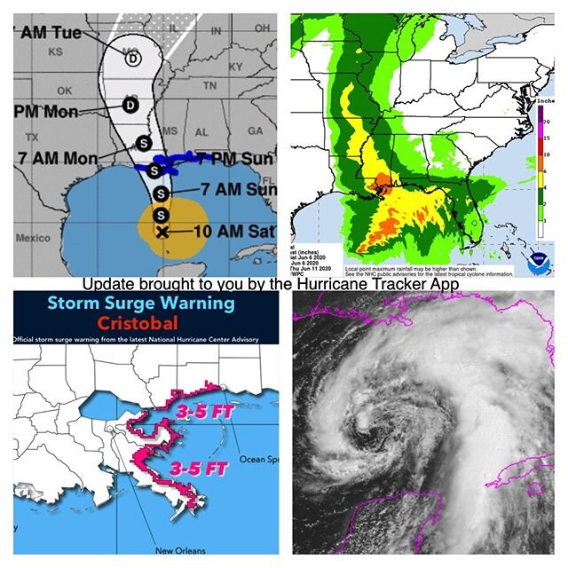 Tropical Storm Cristobal is tracking north towards the gulf coast with winds of 50 mph. The center is expected the reach the northern Gulf coast and make landfall in Louisiana tomorrow evening. Tropical storm conditions are expected in the tropical s