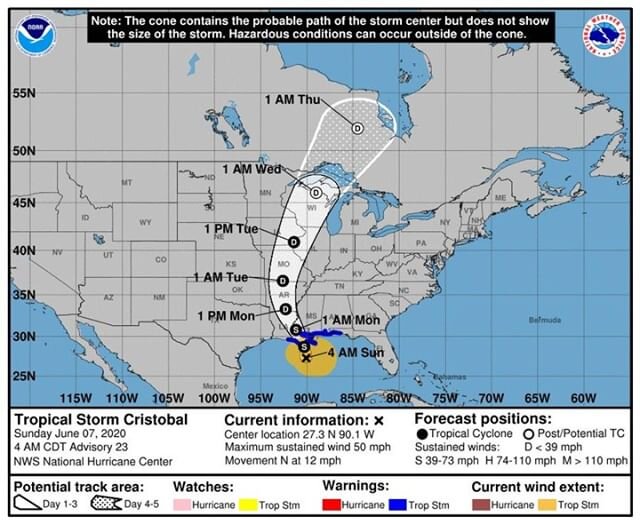 TS #Cristobal continues its trek towards the northern gulf coast. Squalls with winds to ts force have reached the coast. Flash flooding and storm surge up to 5 feet will be the main impacts today. Winds are at 50 mph. Stay safe if in path. www.hurrtr