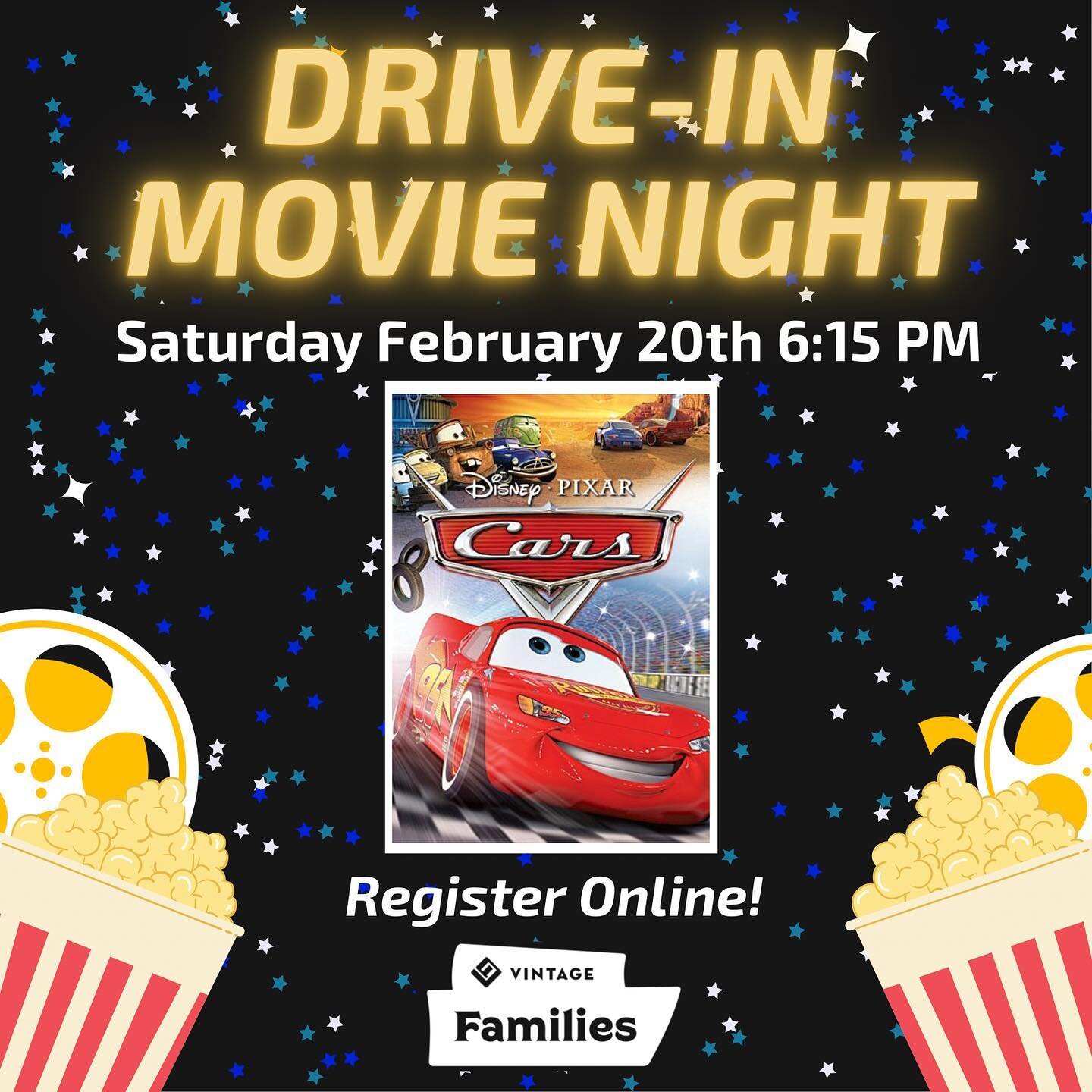 We hope to see you Saturday for our Drive In Movie Night! We are watching Pixar&rsquo;s Cars! Register now! Link in bio!