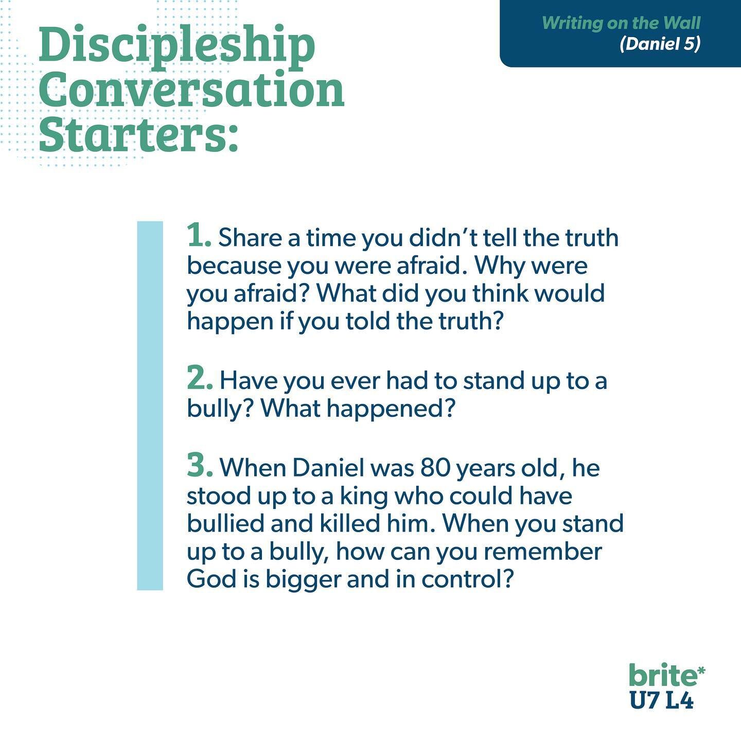 Yesterday Sarah taught about The Writing on the Wall from Daniel 5. Here are some conversation starters to encourage good conversations at home! Missed the Kids Video? You can watch it on our website along with all our past videos! Link in Bio!