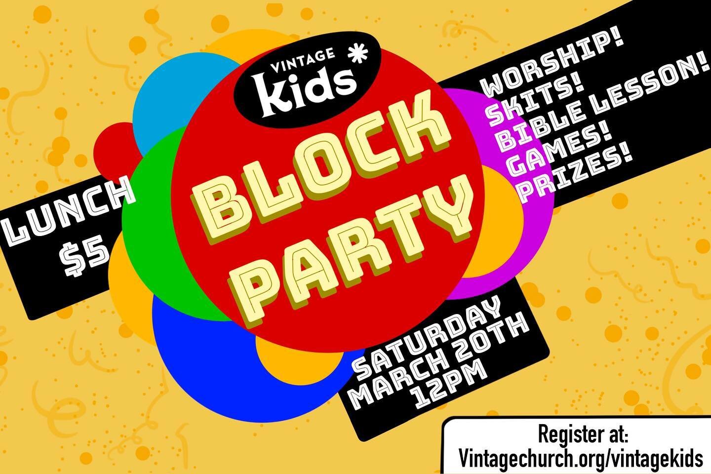 Did you hear we are having a block party?! Come join us on Saturday March 20th in our parking lot for worship, games, skits, prizes, and more! Bring your own lunch or buy lunch from us for $5! Register on our website! Link in bio!