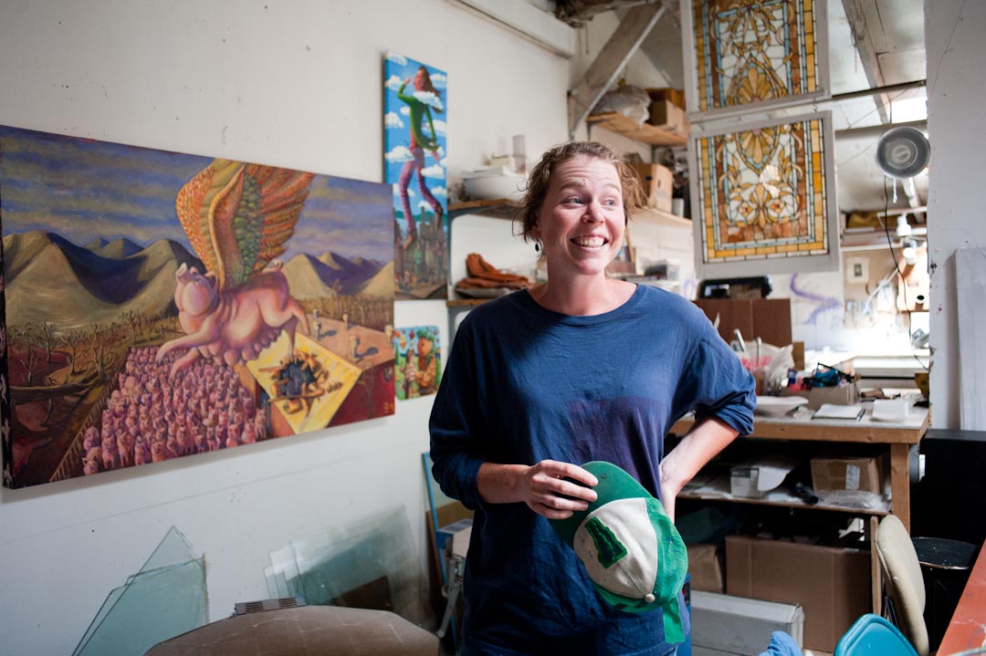 Artist Tara Goreau in her studio on Pine Street