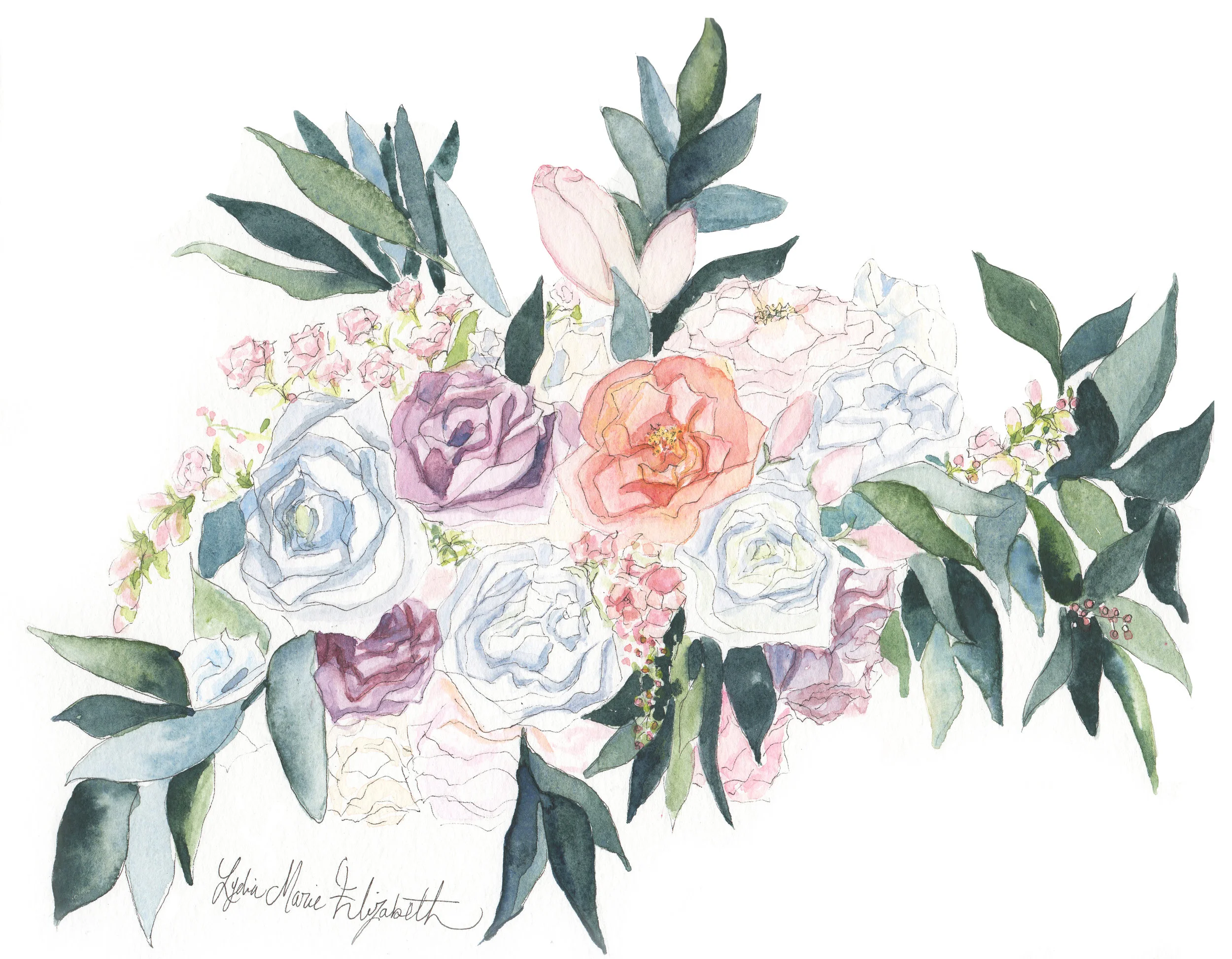 Lydia Marie Elizabeth Wedding Bouqet Illustration for Sweet Root Village
