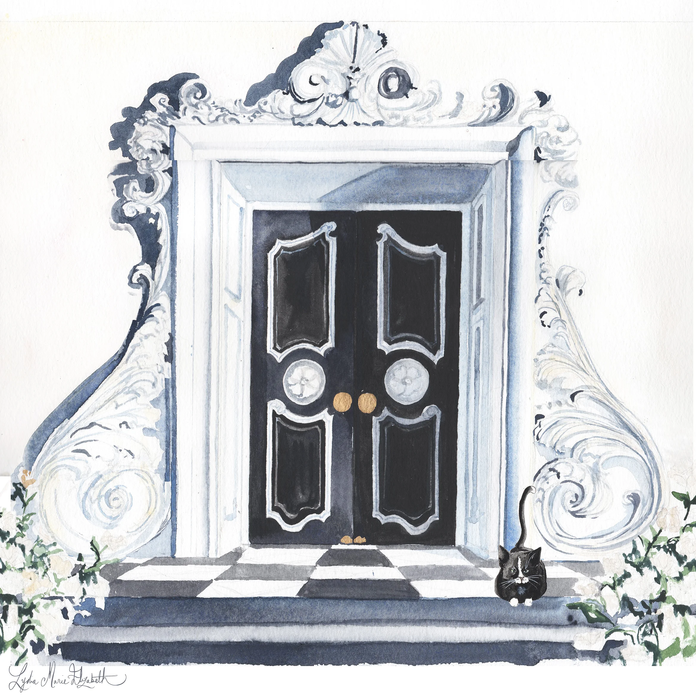 Lydia Marie Elizabeth 2018 Around the World Interior and Architectural Calendar March featuring Dorothy Draper Drake Hotel and Lulu black and white door design for website.jpg