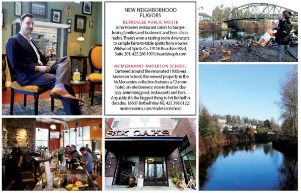 Clockwise from top left: Wildwood Spirits Tasting Room, Bothell Landing Park, the Sammamish River, Six Oaks apartments, Beardslee Public House