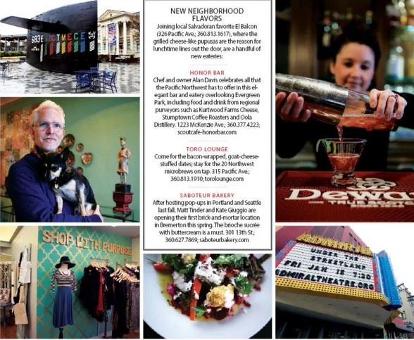 Clockwise from top left: Puget Sound Naval Shipyard; shaking things up at Toro Lounge; historic Admiral Theatre; the roasted beet salad at Honor Bar; Purpose Boutique, artist Curtis Steiner at his Manette gallery, named after his dog Mortimer