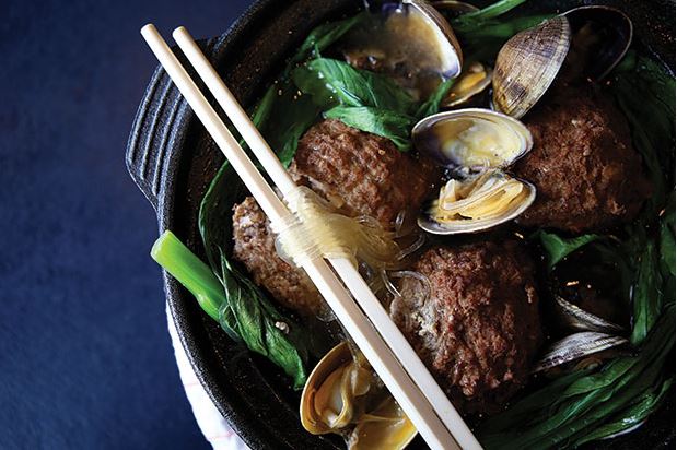 Pork meatballs with clams, yu choy and bean thread noodles, from Lionhead on Capitol Hill