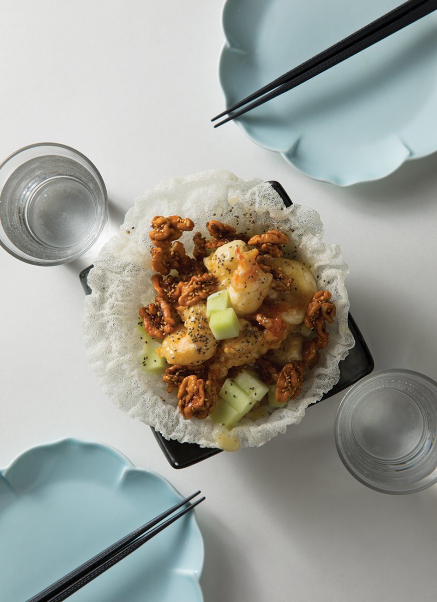 SHRIMP SHACK: Peony Kitchen’s honey walnut prawns get a sweet boost from diced honeydew