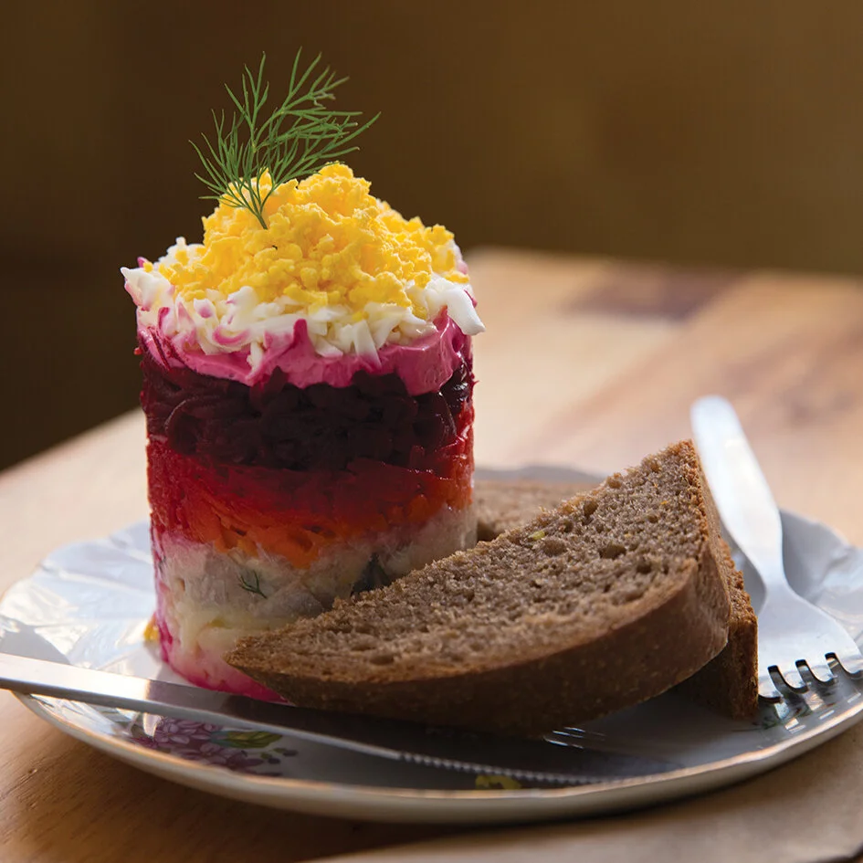 EAT THE RAINBOW: Herring Under Fur Coat is a popular Russian salad, done well at Dacha Diner