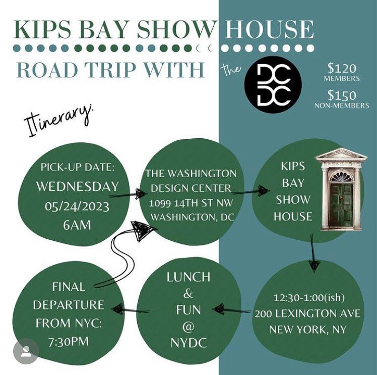 ALL ABOARD!!! After a three-year hiatus, the Kips Bay Showhouse (KBS) in NYC has returned!  @designcollectivedc is sponsoring a trip to attend on Wednesday, May 24, 2023!  All are welcome!  Door-to-door service from the Washington Design Center to KB