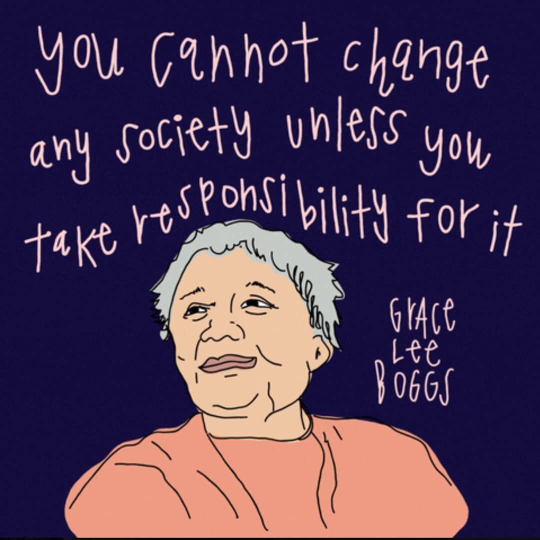 ID: person with gray hair and orange shirt looking into the distance above. With a quote that reads &quot;You cannot change any society unless you take responsibility for it.&quot; -Grace Lee Boggs
We stand with our AAPI friends, colleagues, clients,