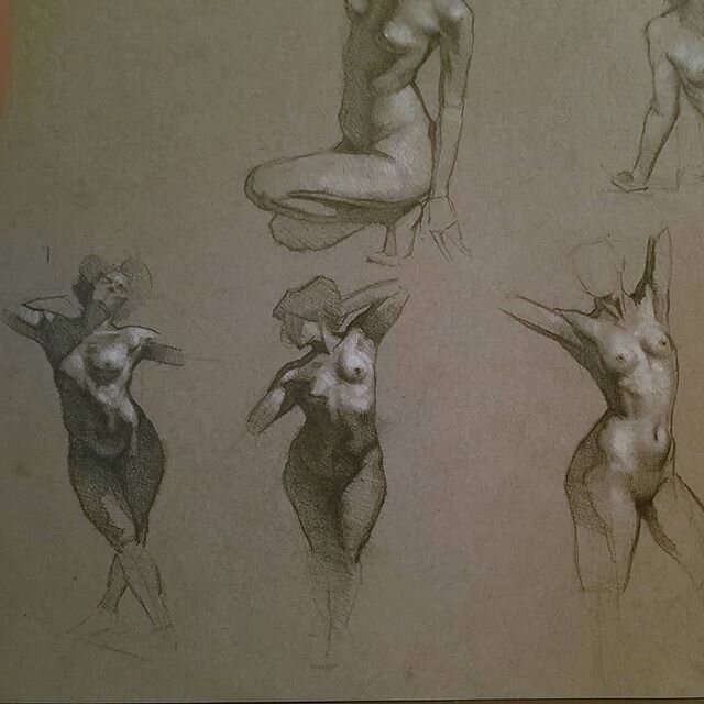 A page of little figure sketches. When working from live models is a no go @newmastersacademy has an indispensable library of poses and subjects. It's worth the subscription fee just for these. #figuresketch #figuredrawing #sketching #doodling #drawe