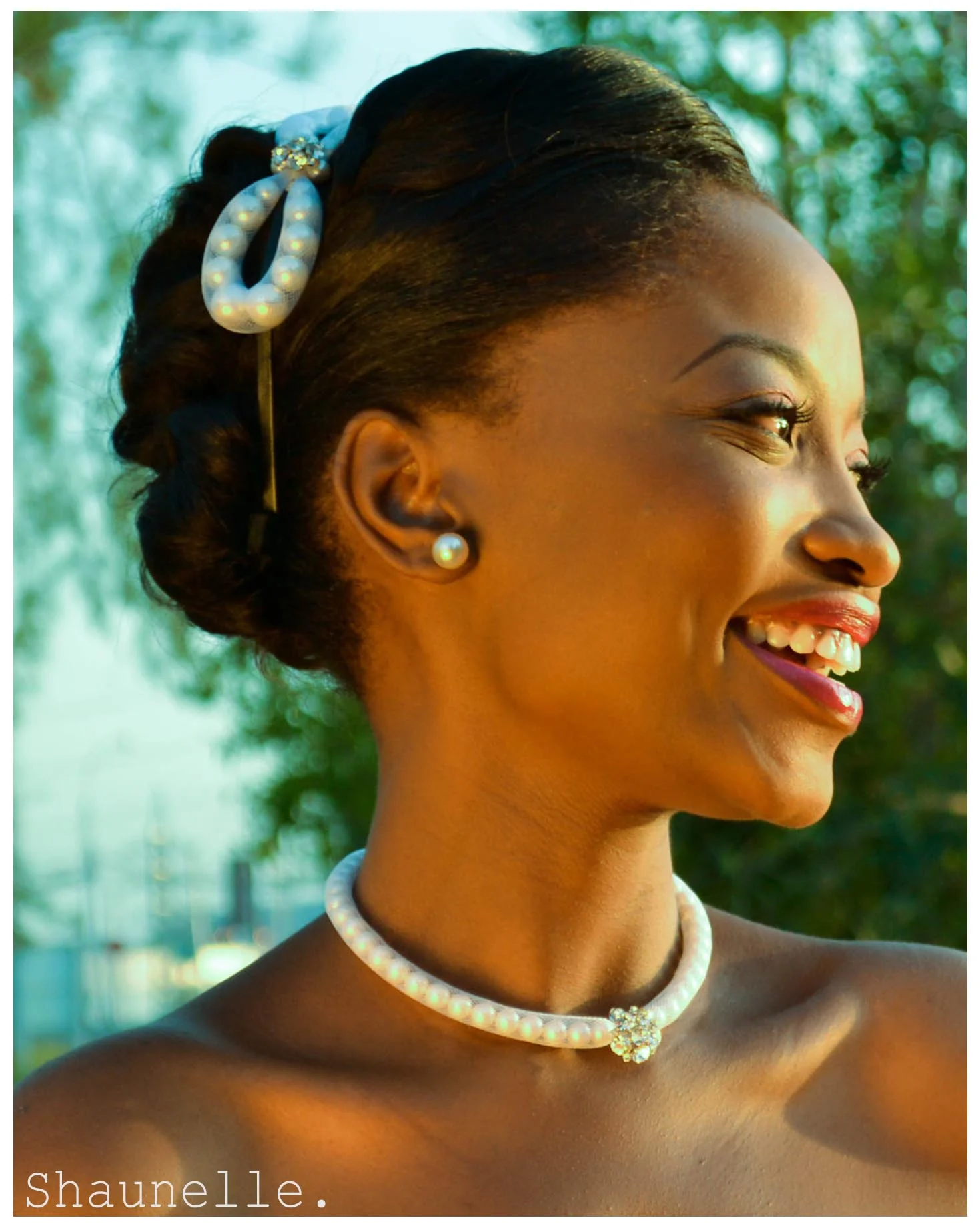 Bridal Accessories Look. Featuring Swarovski pearl bow headband and choker style necklace with crystal accents. Photo credits: Keith London 