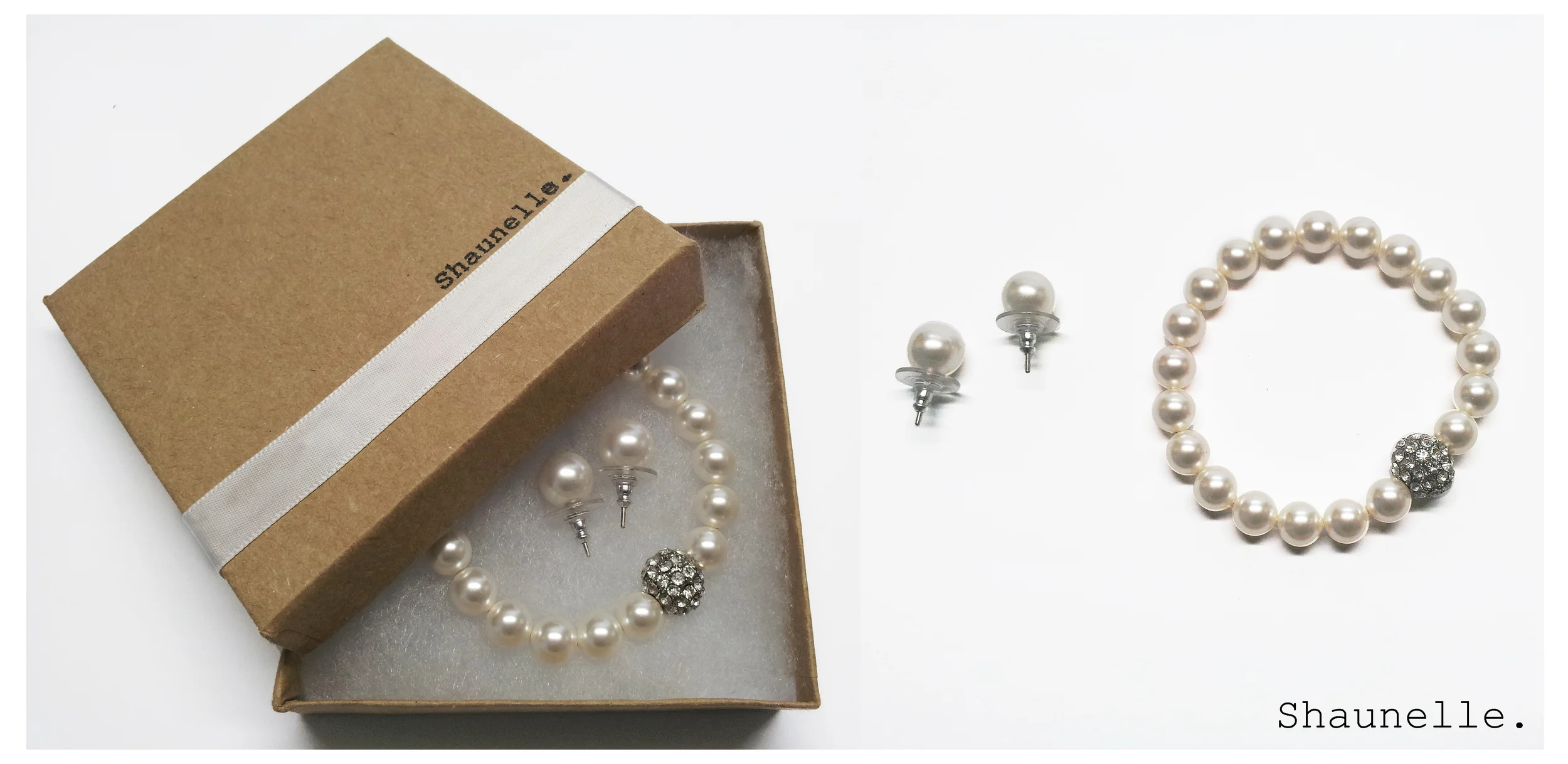 Classic Swarovski pearl bracelet with rhinestone accent & stud earring.
