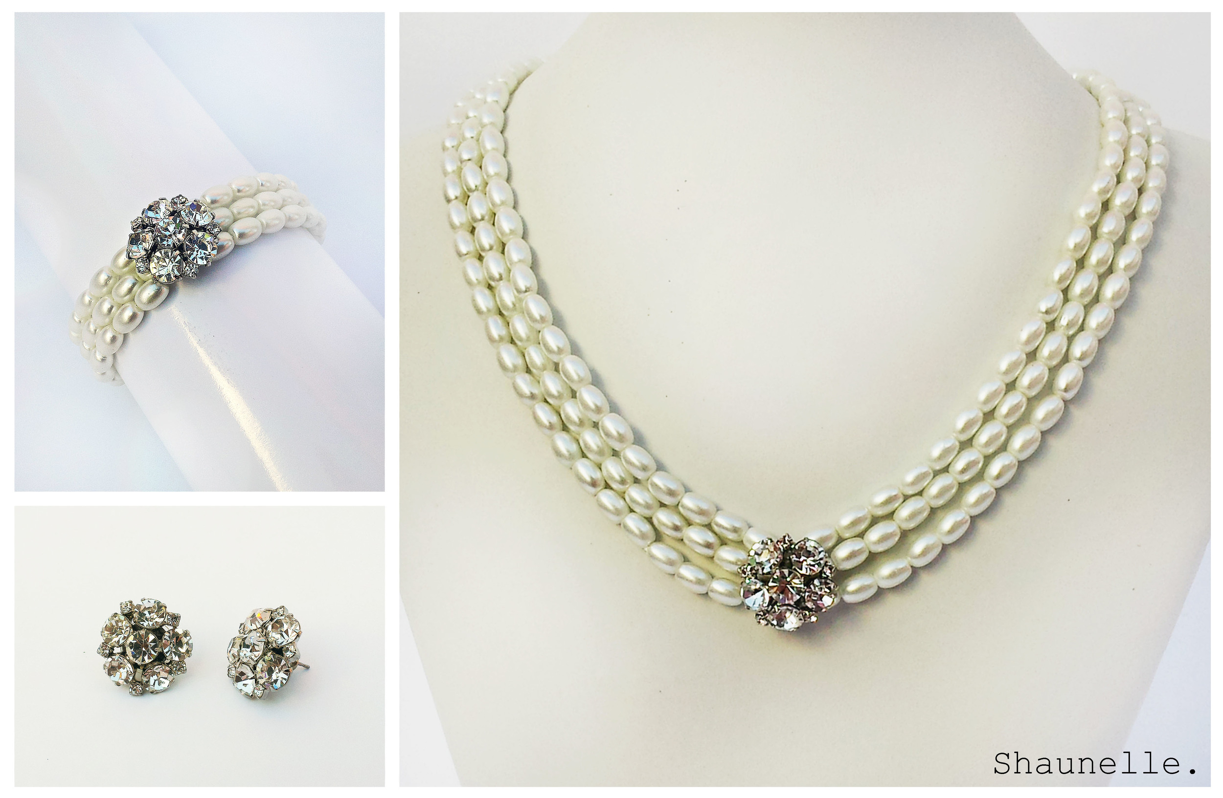 Faux Pearls featuring Preciosa crystal chaton flowers. Complete Necklace, Bracelet, Earrings set.
