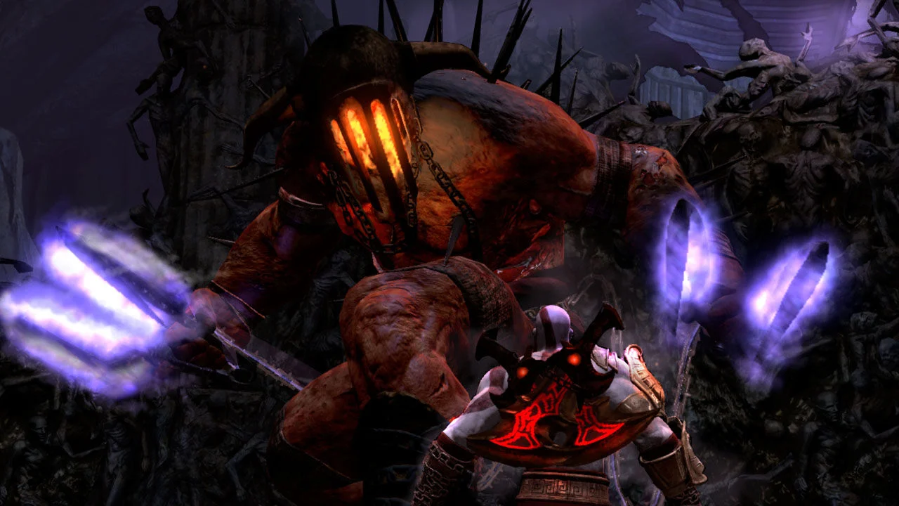 The Hades Boss fight was an epic moment in GOWIII . It was the first time Kratos has fought someone with pretty much the same weapon as him...but only much more gnarly. A lot of the original design and flow of the fight was already established early on in the project. Adam Puhl initially got the combat progression up and Hades basic behavior, but eventually he had too much on his plate and the entire Hades boss fight was handed off to me. I worked with James Che on finalizing Hades' movement, attacks and special moments such as "Flesh Rip" and "Knife Fight". The level design aspect of the fight was handled by Warren Price and possibly Jo Wright (if memory serves me correctly). A GOW boss fight, in general, requires a small strike team of different disciplines to achieve the final design. My job as a combat designer is to ensure all the parts make sense and flow properly.