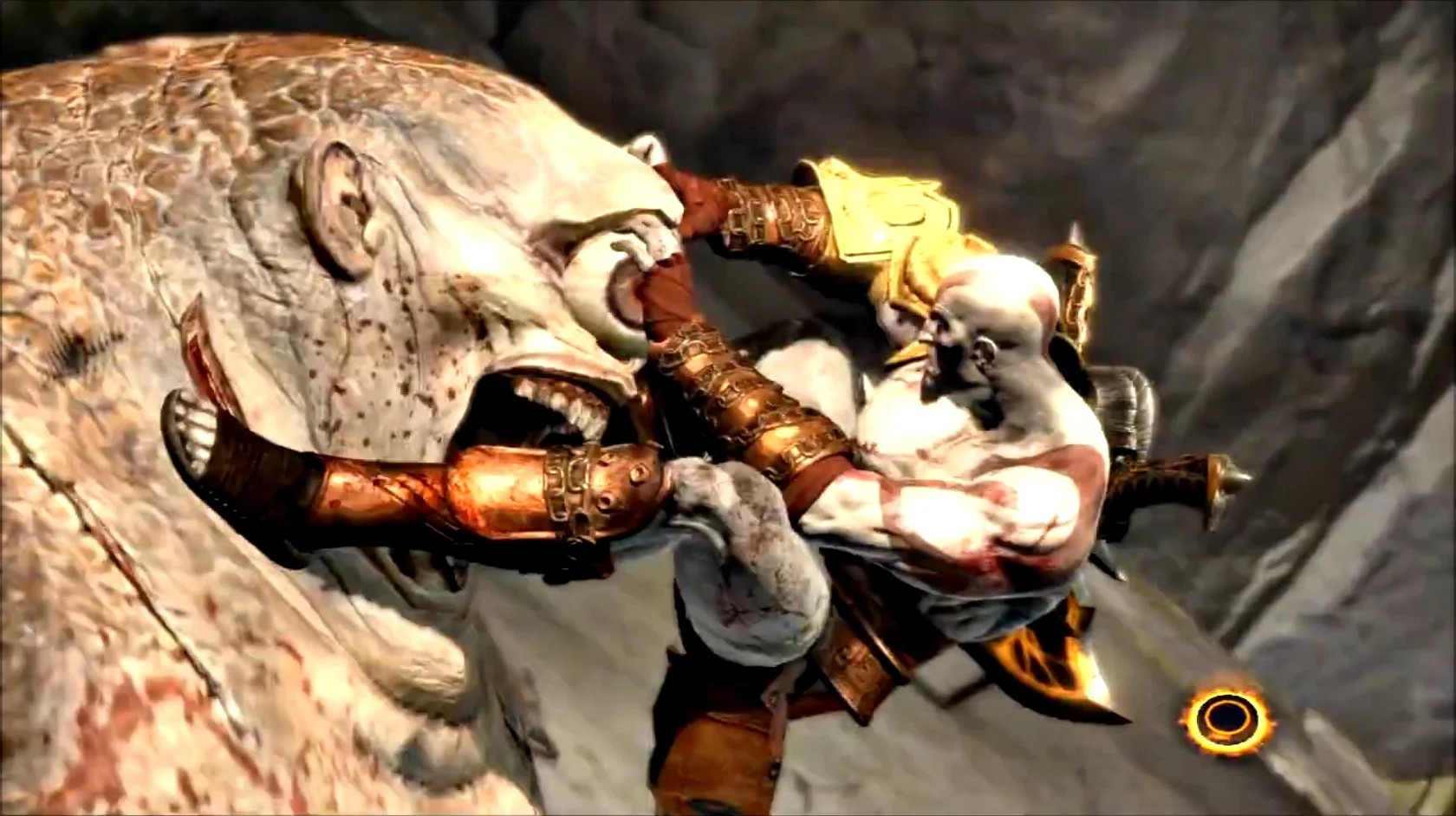 Another "rideable" creature in GOWIII , the Cyclops was another returning character where we wanted Kratos to use him as a weapon ("Weaponizing" we called it). It took a few iterations to get Kratos looking strong and in control as well as the Cyclops not looking like a vehicle. The key was to sell the "pain" in the Cyclops reaction when Kratos stabs him and make the reaction feel natural but also propel the player forward.