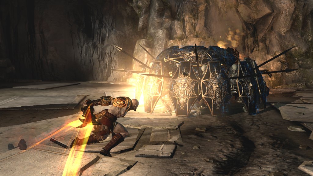 In GOWIII , the Shield Grunts were one of my favorite monsters to work on. They were a versatile enemy whether alone or in a formation. Most of the shield formations you see in the game are were hand scripted by me using monster coordinates, rotation values and hand scripting their behavior choices while locked in these formations. On top of this, custom animations created by Michael Biancalana would have to be made to for each formation. Some shared the same poses, some did not.