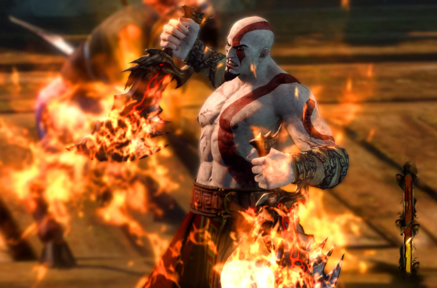 In God of War Ascension , we pushed the cinematic presentation of Kratos abilities especially his Magic powers. We decided to take a cue from Marvel vs. Capcom 3 design and keep Kratos' animation simple and let the effects and aftermath sell the result and personality of the four elemental powers. Michael Biancalana and Bruno Velazquez did an amazing job animating these sequences. I had a strong vision of the shape and feel of the effects and the exact combat result I wanted to see so I worked with Max Ancar, the Lead Visual Effects artist, to achieve this and he did an amazing job.