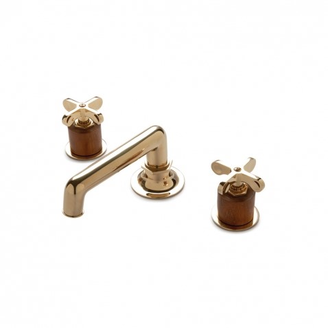 The Henry Deck Mounted Lavatory Faucet with Teak Cylinder and Metal Cross Handles in Antique Brass by Waterworks