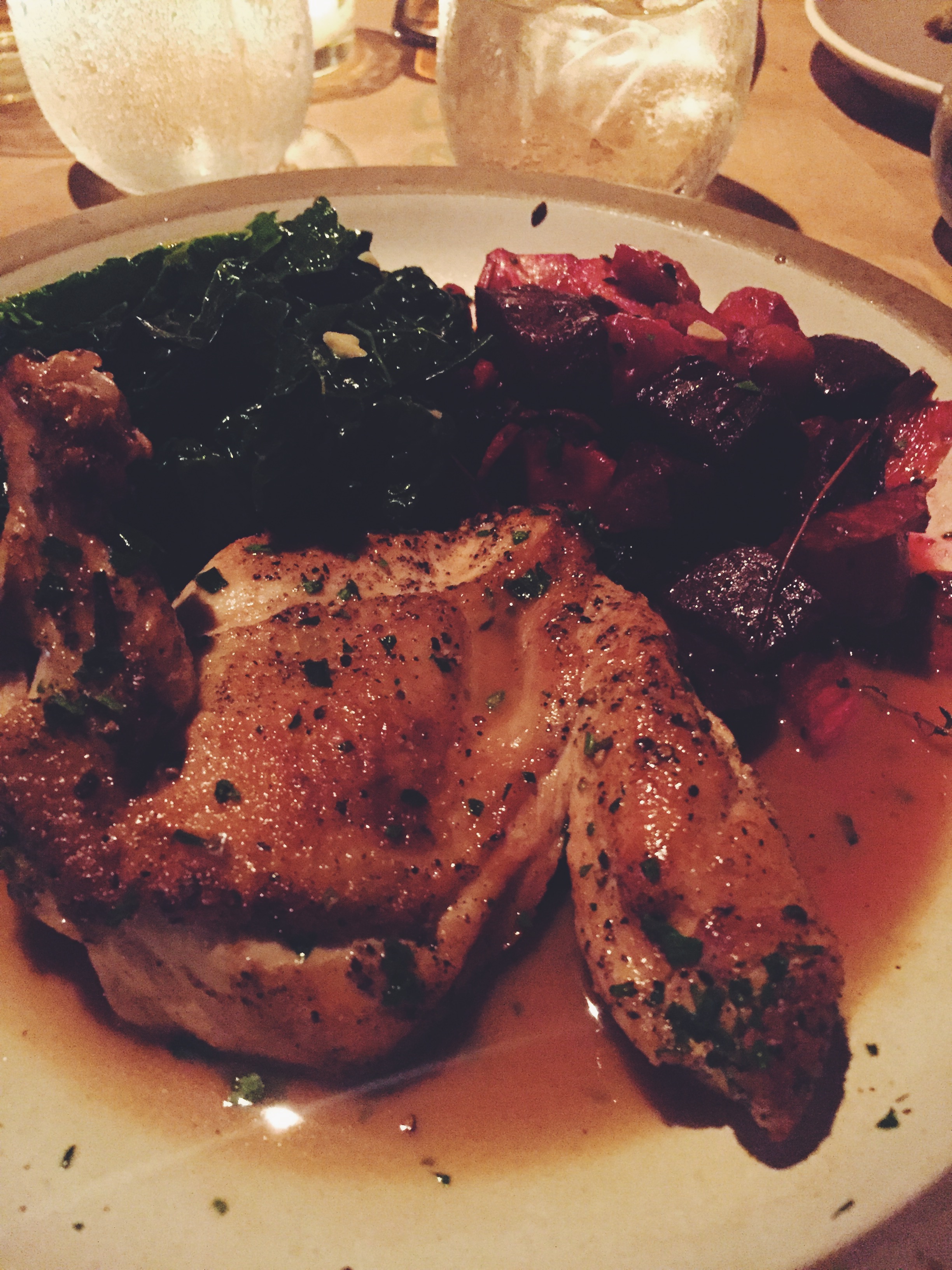 The "pollo al legno" (sautéed then cedar wood grilled organic chicken breast finished in a light balsamic vinegar sauce) w/ root veggies and sauteed kale. AMAZING - Pace Restaurant