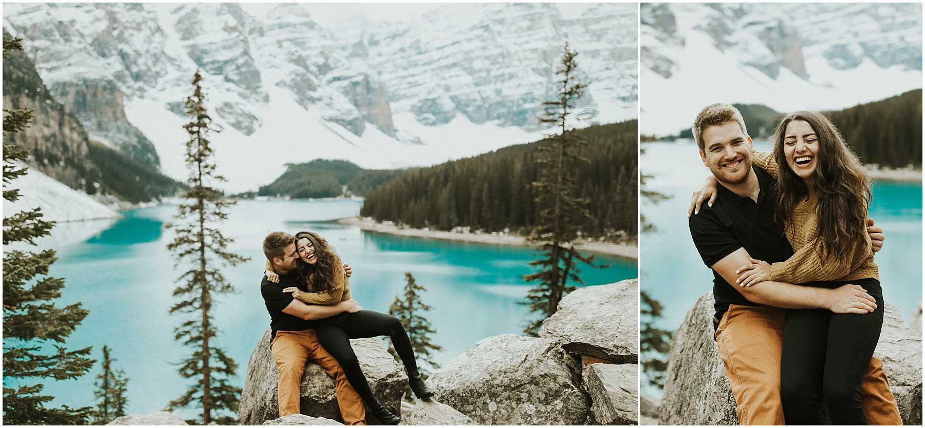 A fun, laid-back, adventurous couples shoot at Lake Moraine in Banff National Park