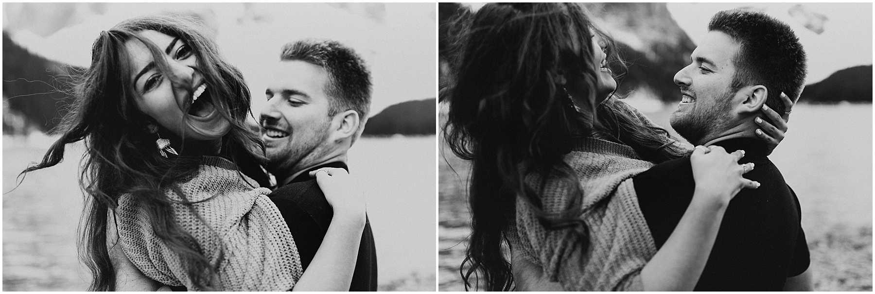 A fun, laid-back, adventurous couples shoot at Lake Moraine in Banff National Park
