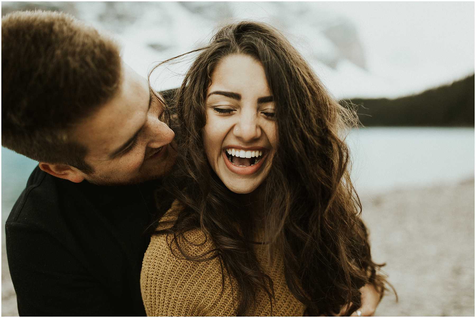 A fun, laid-back, adventurous couples shoot at Lake Moraine in Banff National Park